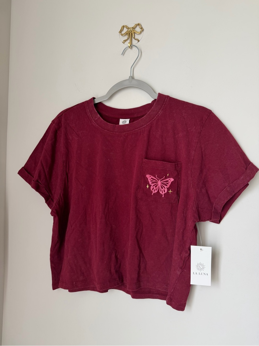 Burgundy radiate good energy celestial cotton Cropped shirt sleeve shirt
